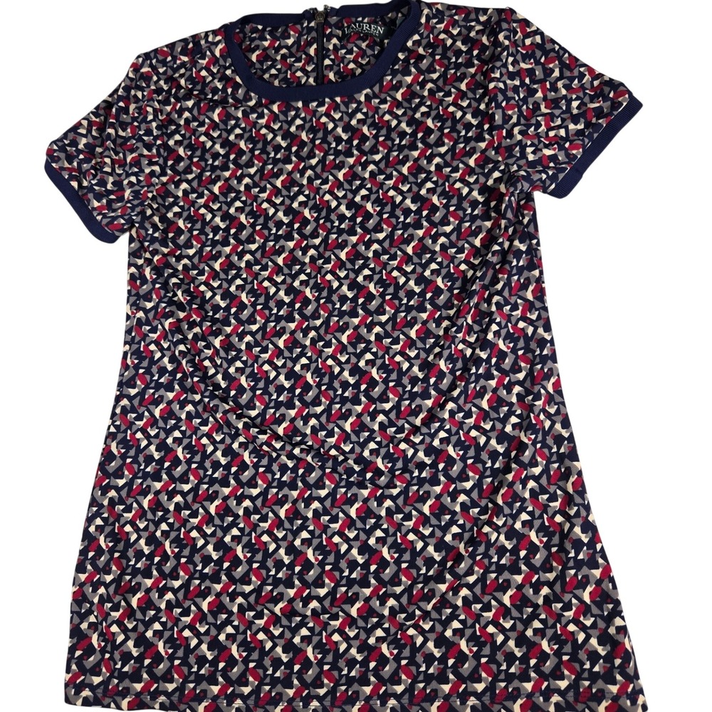 Lauren Ralph Lauren Geometric Mosaic Print Short Sleeve Back Zip Top Navy Red